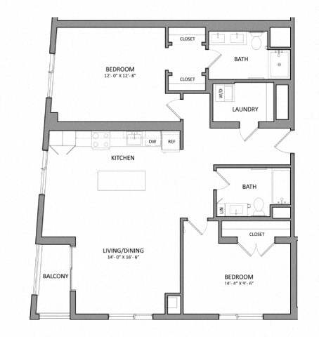 Floor plan for 2 beds, 2 baths, 1200 sqft